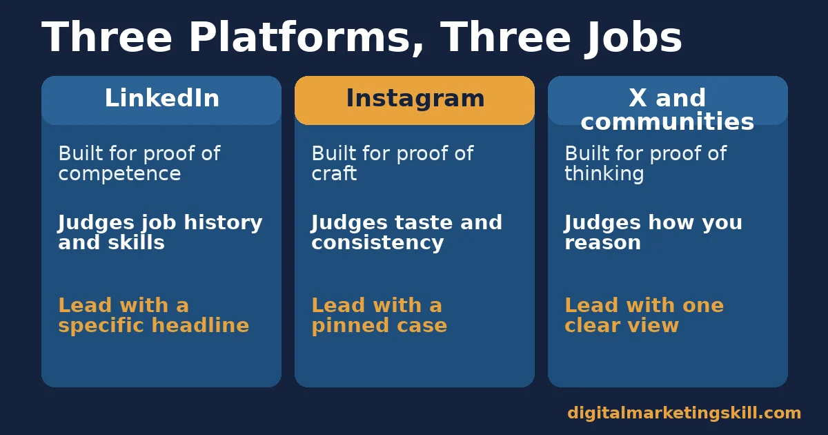 Social media job search comparison of LinkedIn, Instagram and X: what each proves and what to lead with
