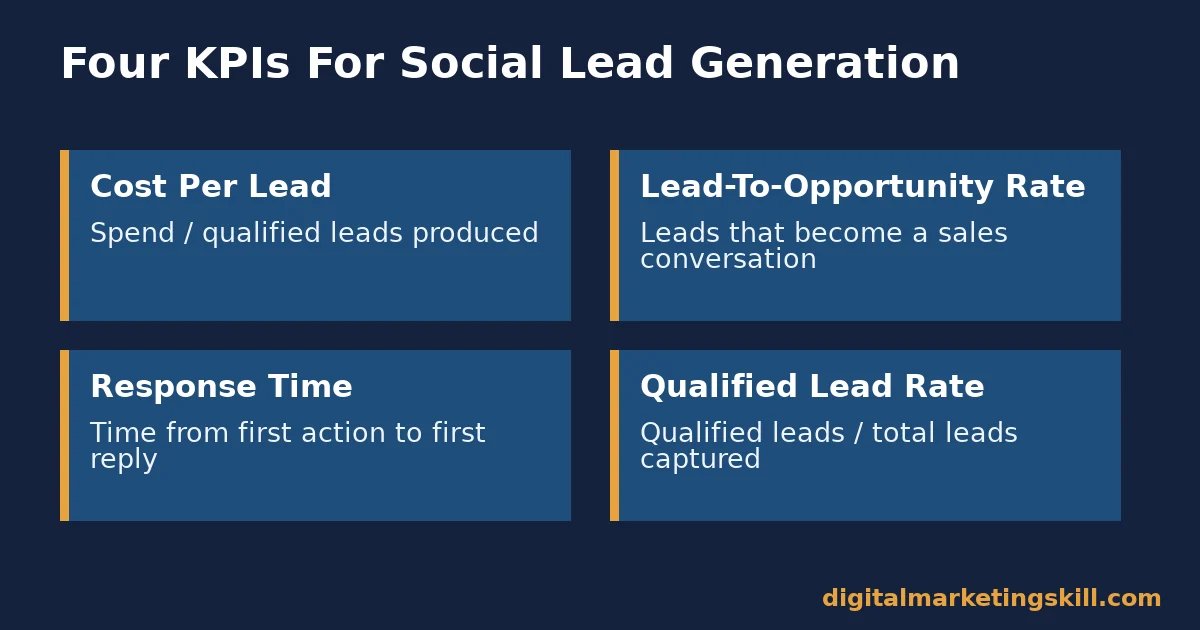 Grid of four KPIs for social media lead generation: cost per lead, lead-to-opportunity rate, response time and qualified lead rate