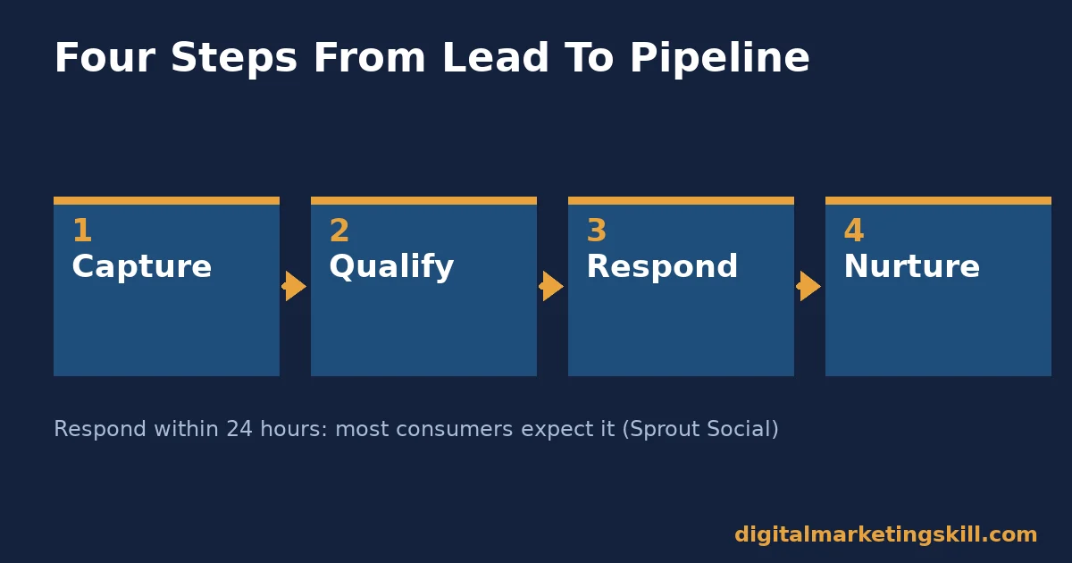 Four-step diagram of the social media lead generation pipeline: capture, qualify, respond, nurture