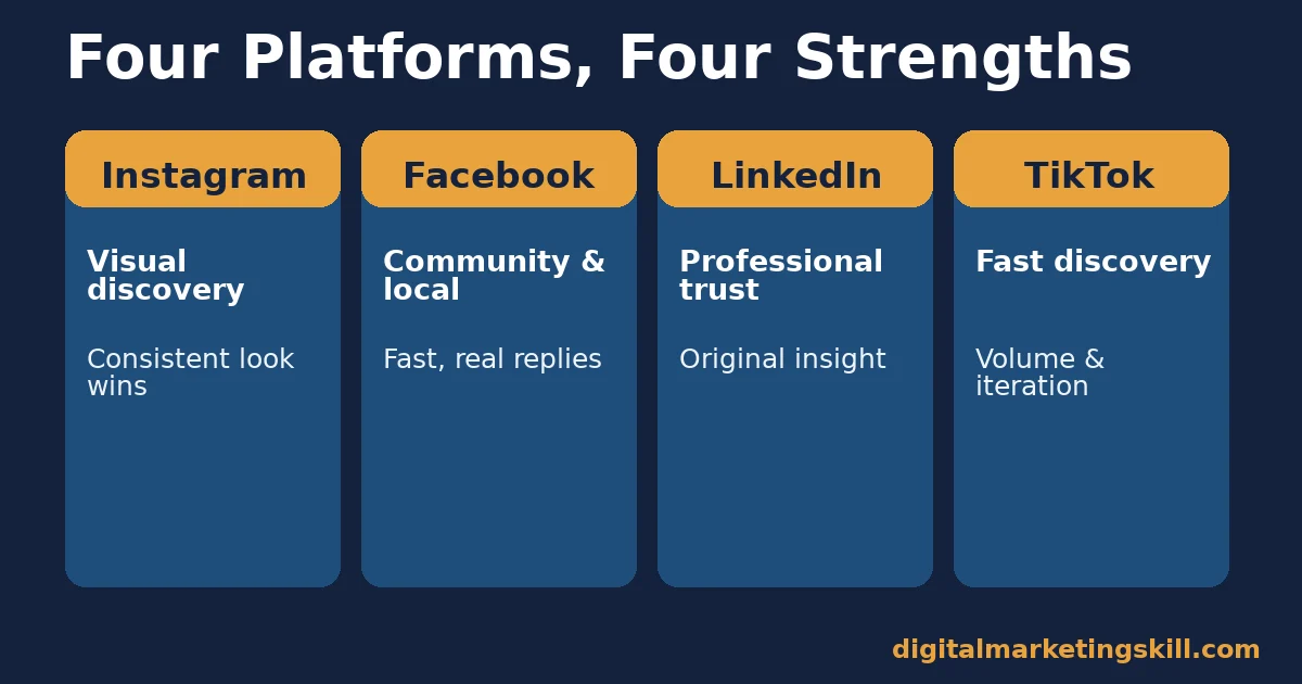 Diagram comparing Instagram, Facebook, LinkedIn and TikTok for social media management strengths