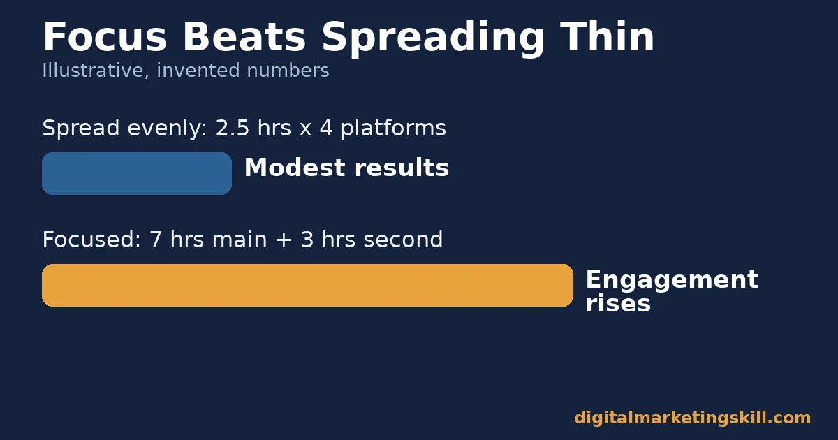Bar chart with illustrative invented numbers comparing spread-thin and focused social media management time budgets
