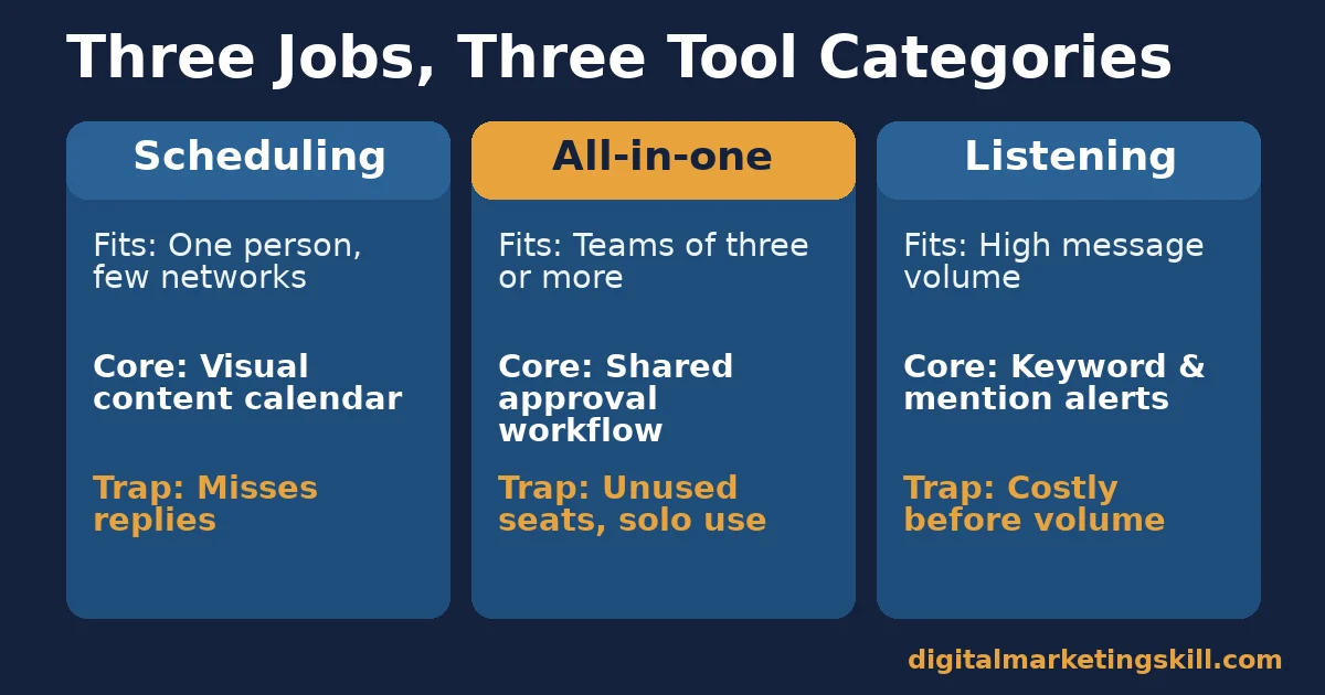 Comparison of scheduling, all-in-one and listening social media management tools: who each fits, the core feature and the trap