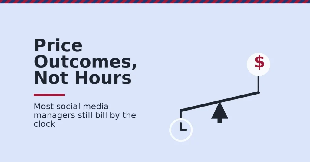 Illustration of a balance scale where a clock representing billed hours is outweighed by a dollar sign representing outcome-based social media manager rates