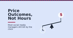 Illustration of a balance scale where a clock representing billed hours is outweighed by a dollar sign representing outcome-based social media manager rates