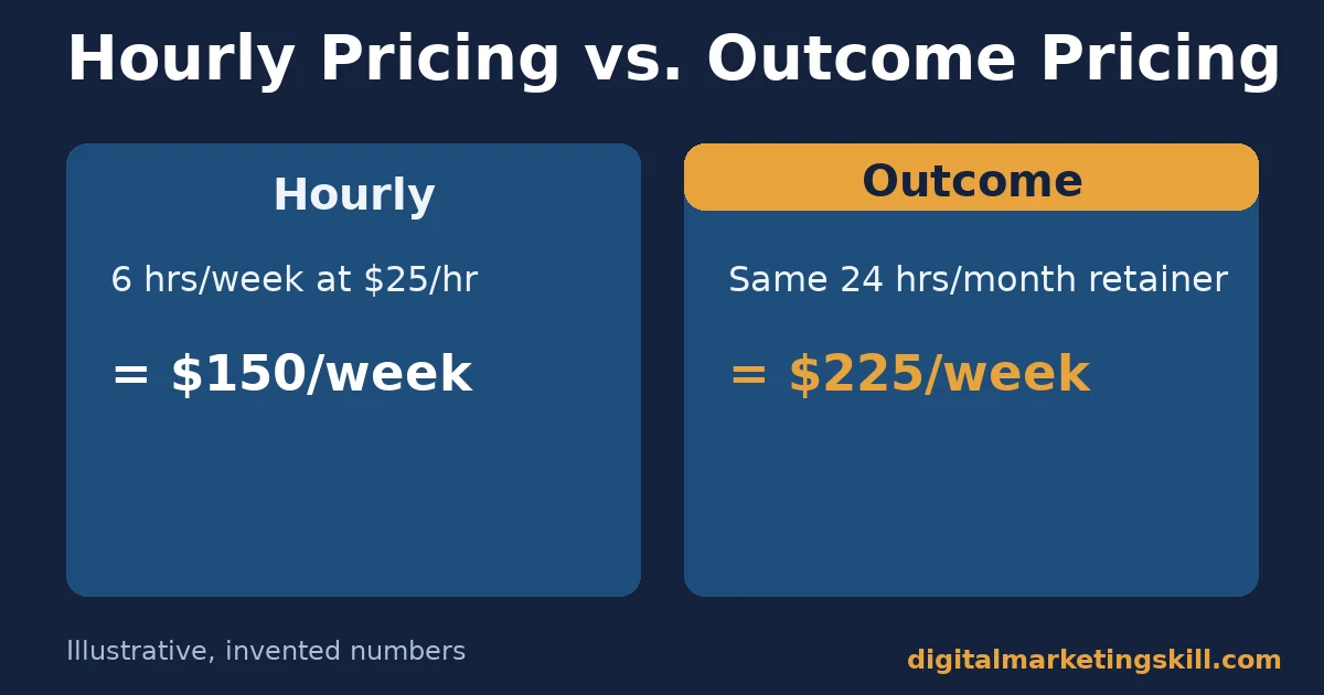 Illustrative comparison of hourly versus outcome-based social media manager rates showing higher weekly earnings from outcome pricing for the same hours worked