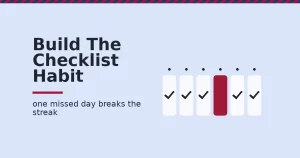 Social media marketing checklist shown as six day boxes with checkmarks and one box in red for a missed day