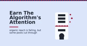 Social media marketing shown as posts entering a feed, most blocked by a crimson algorithm gate, a few reaching the audience