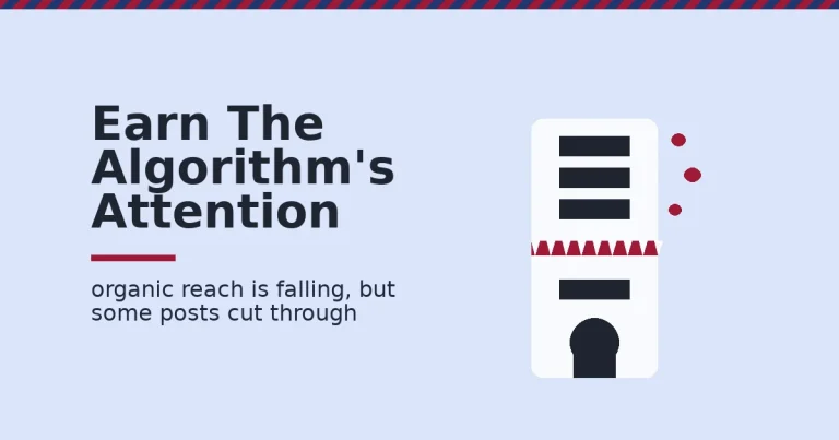 Social media marketing shown as posts entering a feed, most blocked by a crimson algorithm gate, a few reaching the audience