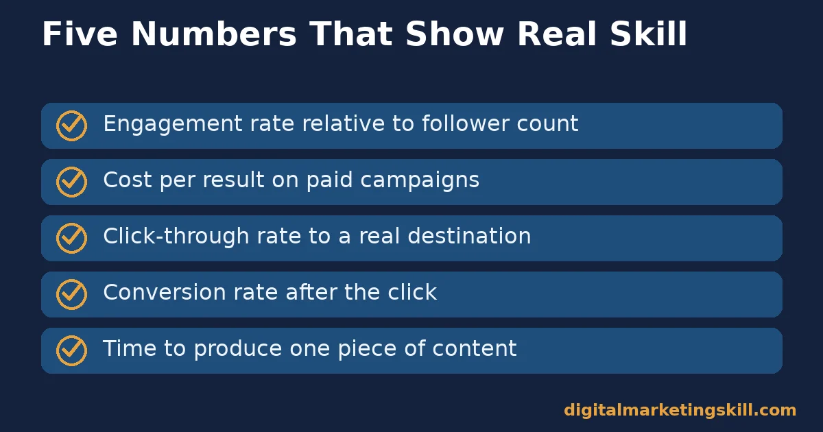Social media marketing skills checklist of five metrics: engagement rate, cost per result, click-through rate, conversion rate, and production time