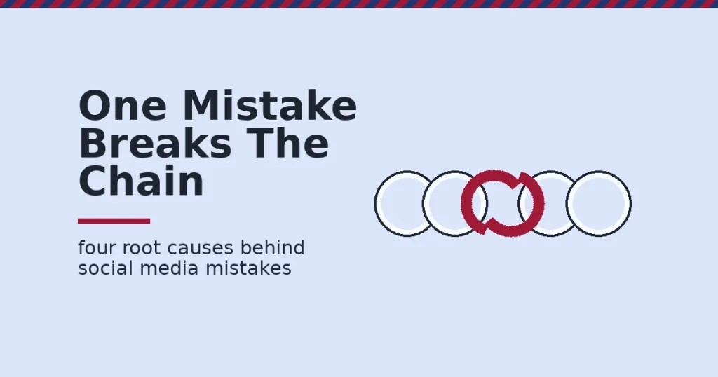 Social media mistakes illustrated as a chain of rings with one broken crimson link