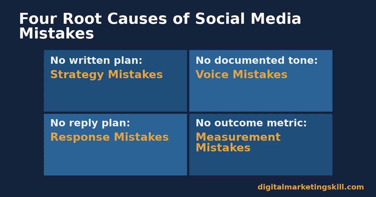 Social media mistakes grouped into four root causes: strategy, voice, response and measurement