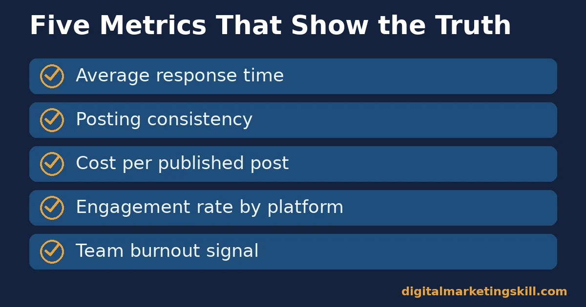 Checklist of five metrics for judging a social media outsourcing or in-house setup: response time, consistency, cost, engagement, burnout