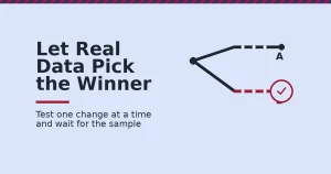 Split testing shown as two forked paths, with the lower path marked as the winner by a crimson check mark