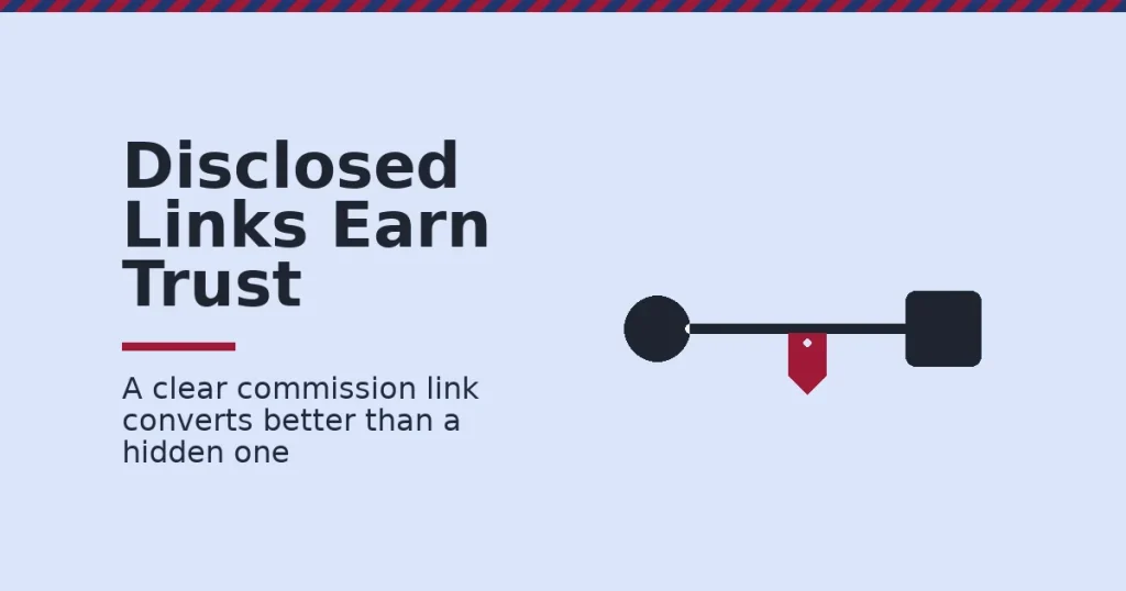 Illustration of how to start affiliate marketing with a clearly disclosed commission link between a reader and a product