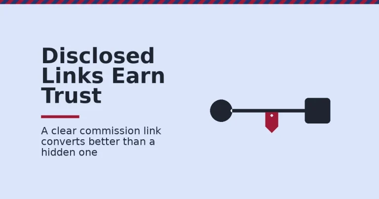 Illustration of how to start affiliate marketing with a clearly disclosed commission link between a reader and a product