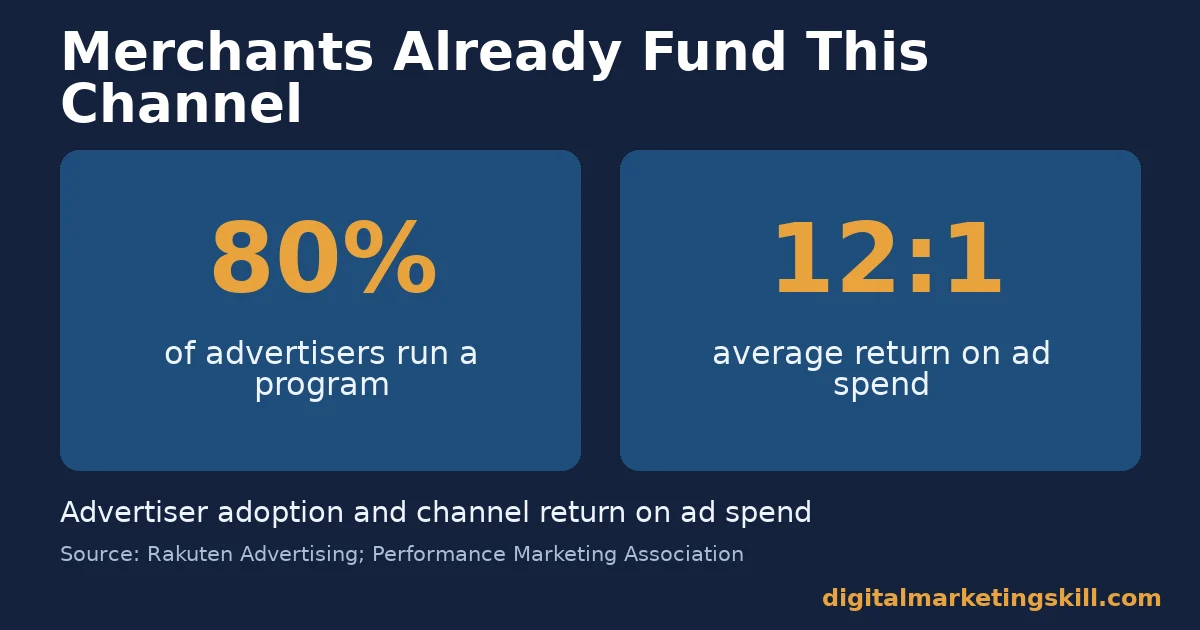 Two stat panels showing 80 percent of advertisers run an affiliate program and a 12 to 1 average return on ad spend