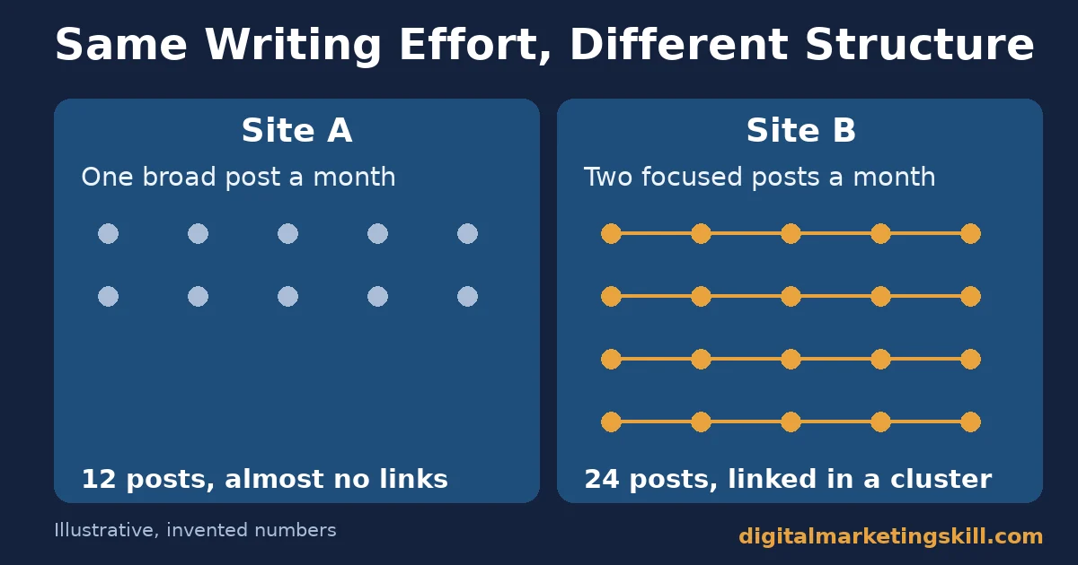 Same Effort, Different Structure: A Start Blogging Illustration Illustrative diagram comparing two sites with the same writing effort: one with unlinked posts and one that started blogging with an interlinked cluster of posts