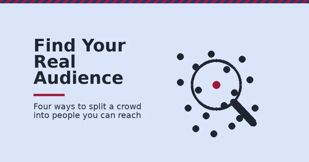 Target audience segmentation shown as a magnifying glass isolating one person in crimson out of a crowd of dark dots