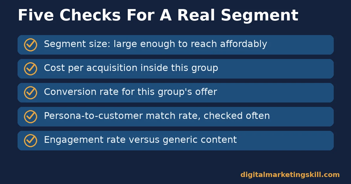 Target audience segmentation measurement checklist Checklist of five metrics for target audience segmentation: segment size, cost per acquisition, conversion rate, persona match rate and engagement rate