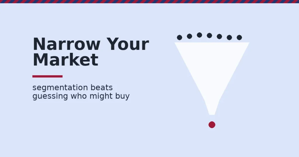 Target market segmentation shown as a funnel narrowing a crowd of generic buyers down to one defined red buyer