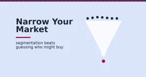 Target market segmentation shown as a funnel narrowing a crowd of generic buyers down to one defined red buyer