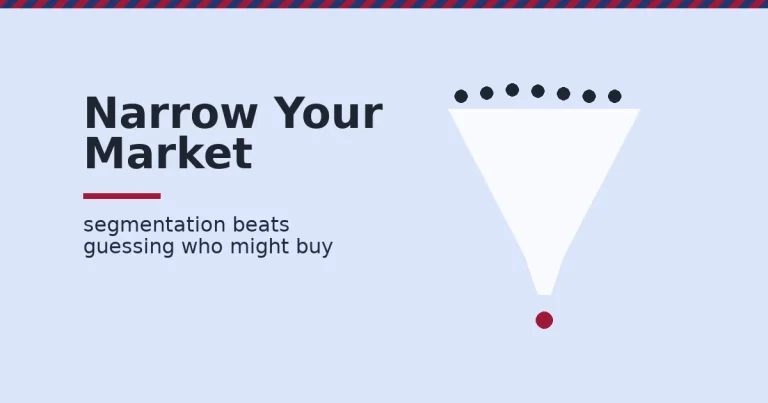 Target market segmentation shown as a funnel narrowing a crowd of generic buyers down to one defined red buyer