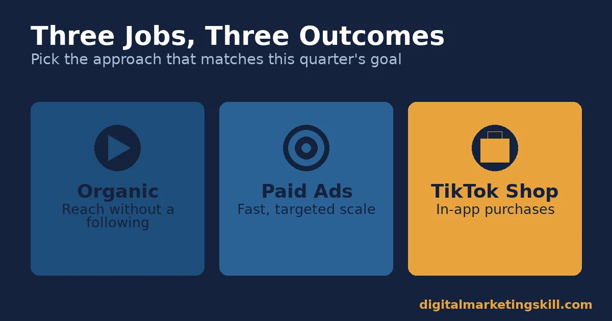 Diagram showing three approaches to TikTok for business: organic, ads, and Shop