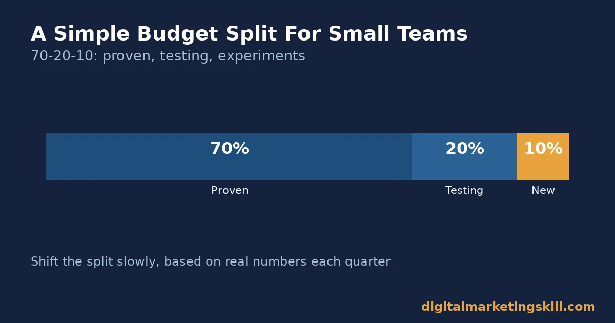 bar chart showing a 70-20-10 budget split for traffic generation channels