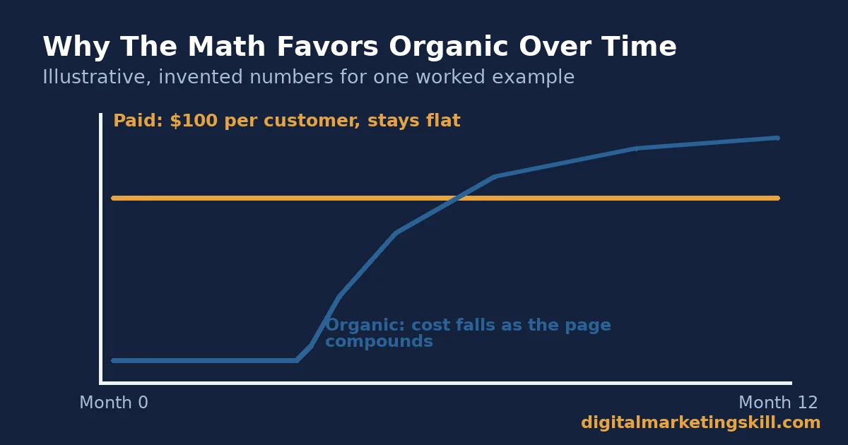 line chart comparing paid and organic traffic generation cost per customer over a year