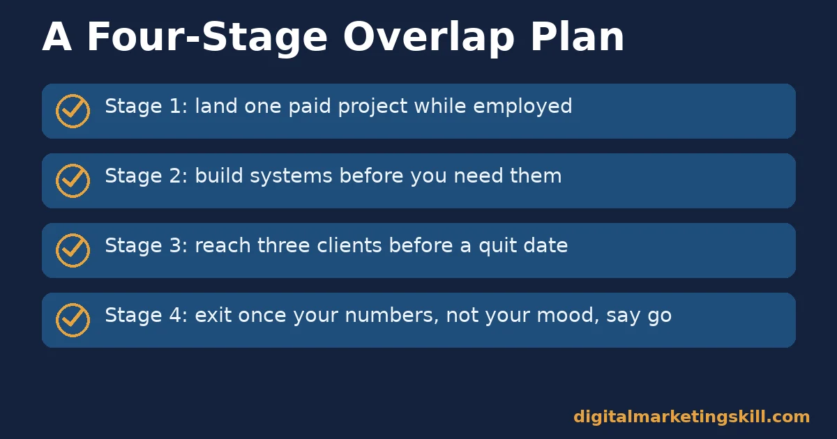 Transition to freelancing four-stage plan: land a project, build systems, reach three clients, exit on the numbers