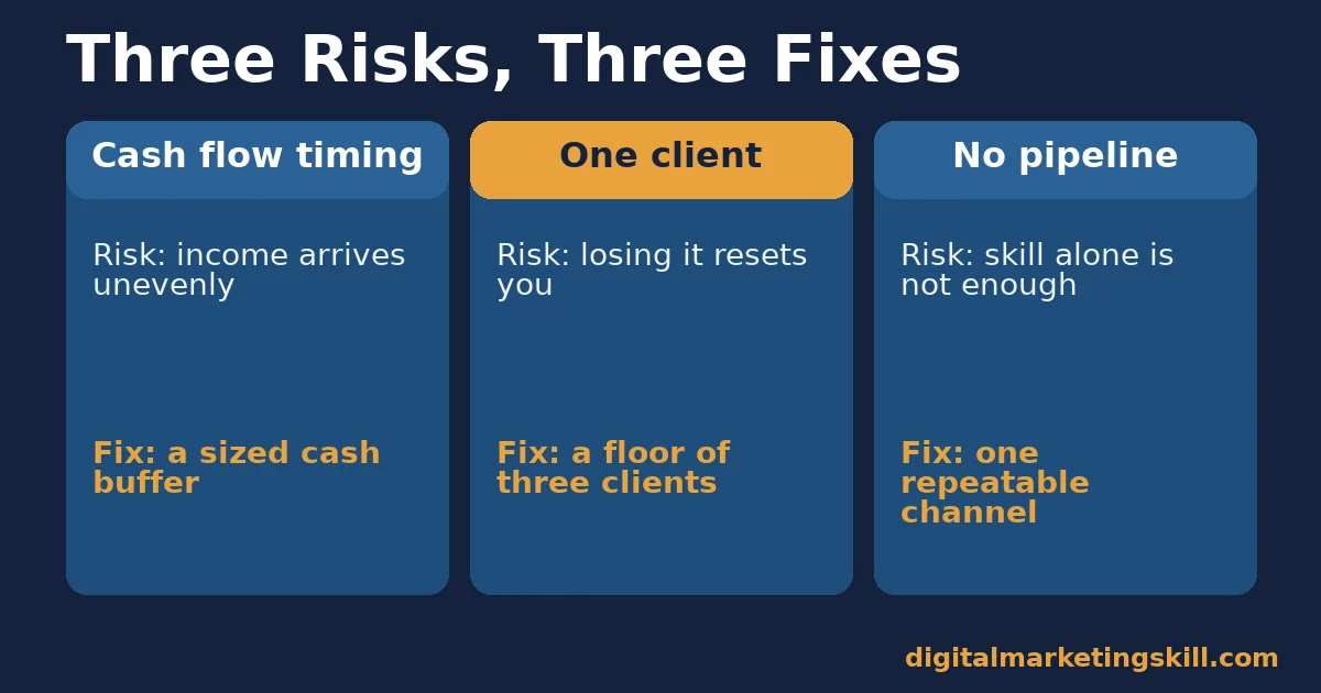 Transition to freelancing three risks: cash flow timing, one client, no pipeline, each with a fix
