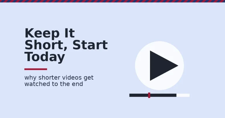 Video marketing for beginners shown as a play button with a progress bar, a crimson marker showing where longer videos lose viewers