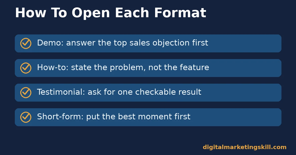 Video marketing for beginners opening-move checklist Checklist of four opening moves for video marketing for beginners: demo, how-to, testimonial and short-form videos