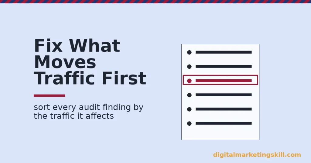 Website audit tools shown as a checklist with one finding circled in crimson as the one worth fixing first