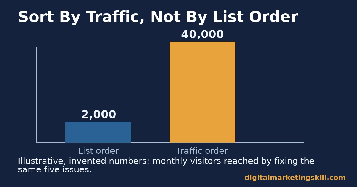 Bar chart comparing illustrative monthly visitors reached when website audit tools findings are fixed in list order versus traffic order