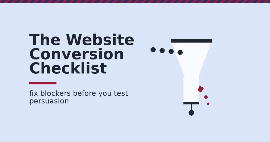 Illustration of a website conversion checklist showing a funnel losing conversions through a crack