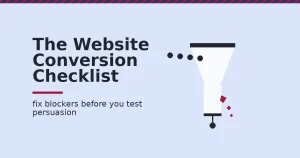 Illustration of a website conversion checklist showing a funnel losing conversions through a crack