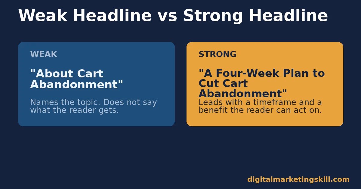 Comparison of a weak headline that names the topic and a strong headline that states a benefit, for website conversion