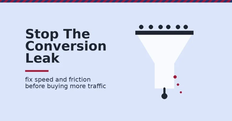 Website conversion rate shown as a funnel with visitors entering and a few leaking out as red drops