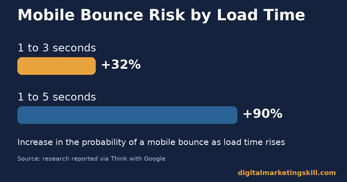 Website enquiries bar chart showing mobile bounce probability rising 32 percent from one to three seconds and 90 percent by five seconds