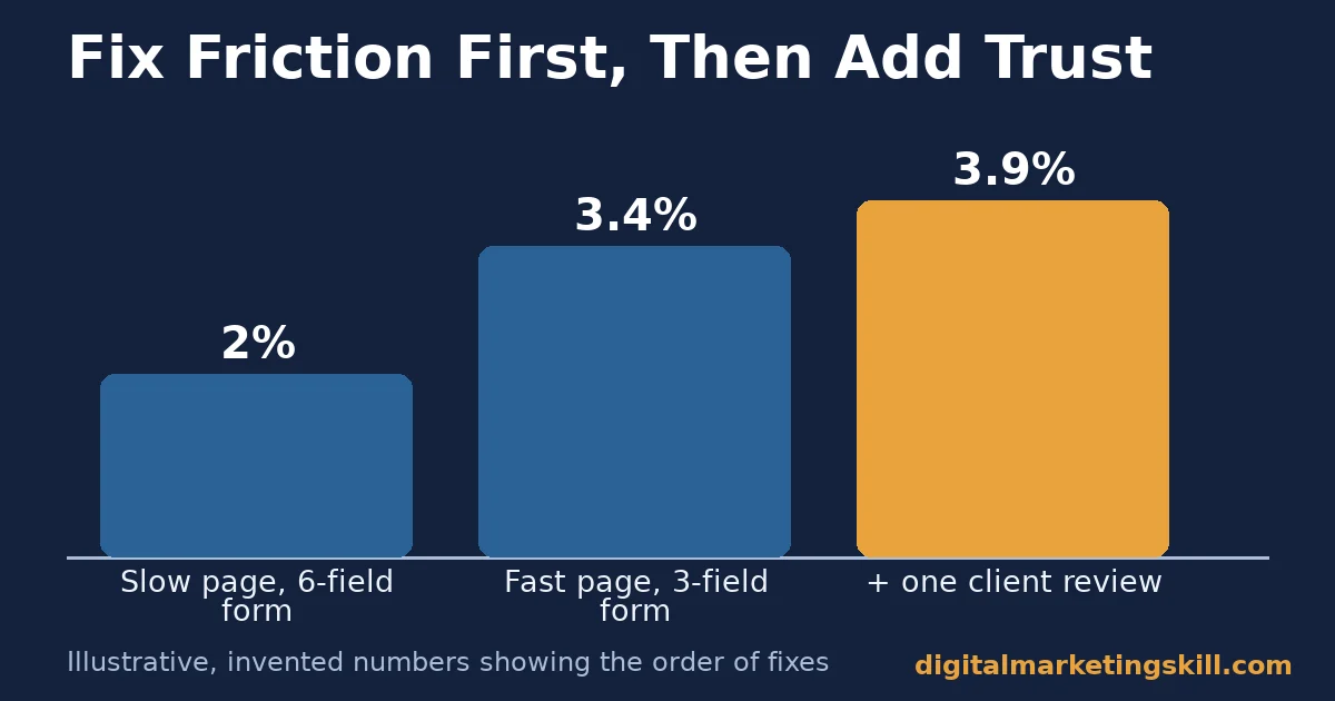 Website enquiries step chart showing conversion rising from 2 percent to 3.4 percent after fixing speed and form length, then to 3.9 percent after adding one review