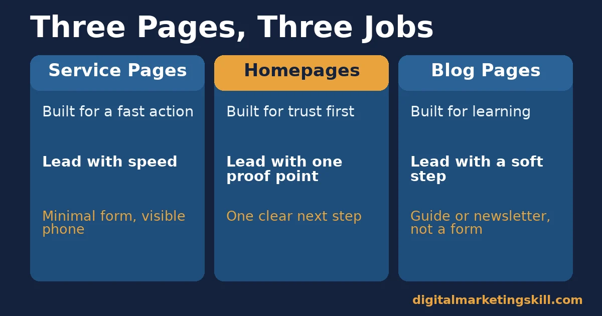 Website enquiries three-column comparison of service pages, homepages and blog pages showing what each is built for and how to lead with it