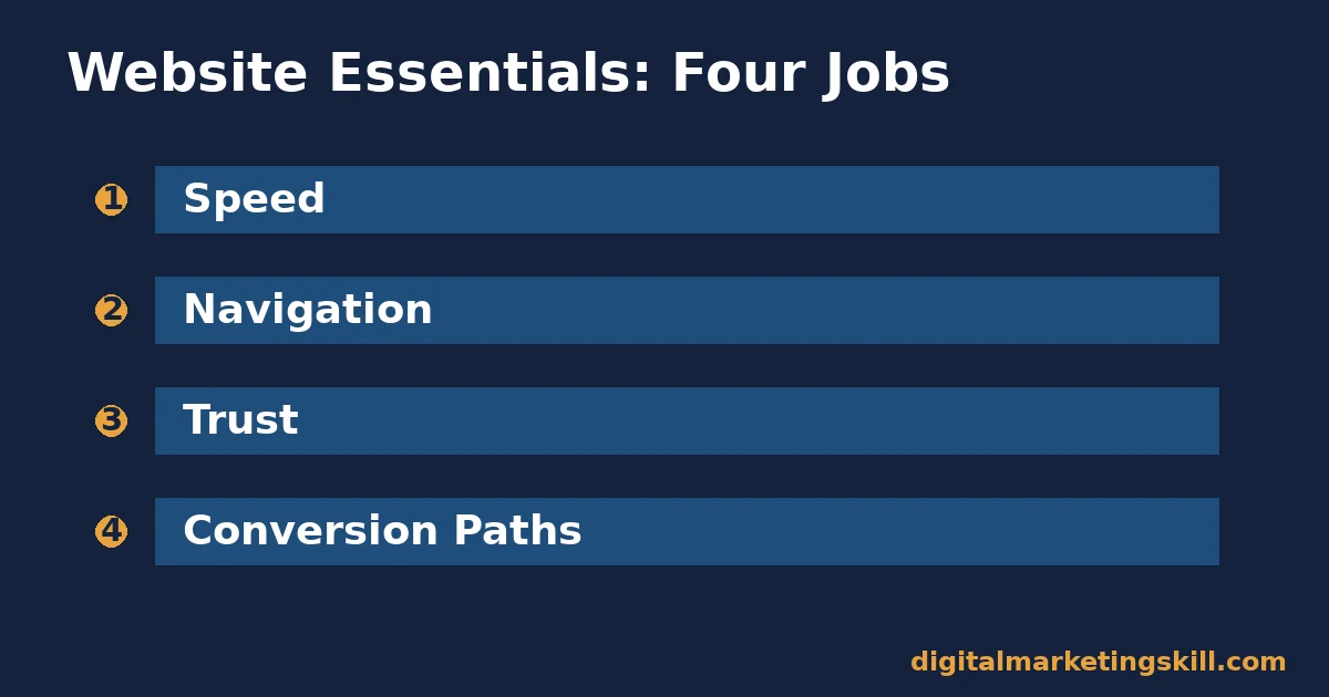 List of four website essentials categories: speed, navigation, trust, conversion paths