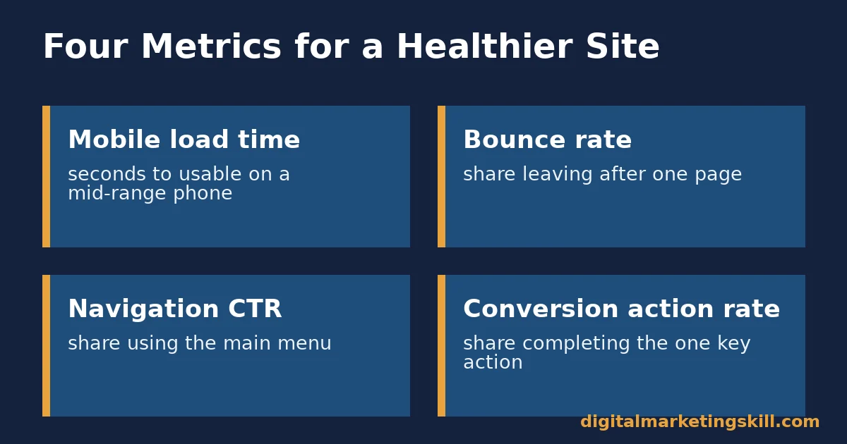 Four metric cards: mobile load time, bounce rate, navigation click-through rate, conversion action rate