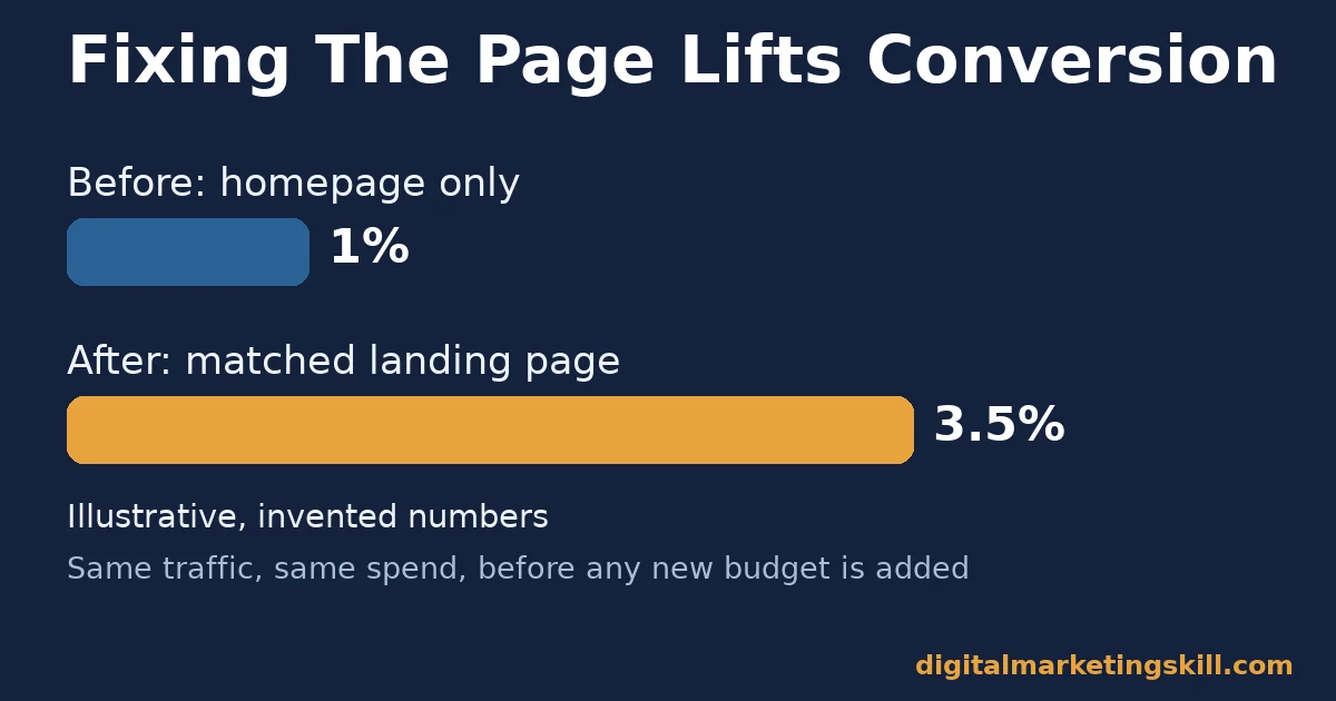 Bar chart comparing a 1% homepage conversion rate before and a 3.5% conversion rate after a matched landing page, illustrative invented numbers