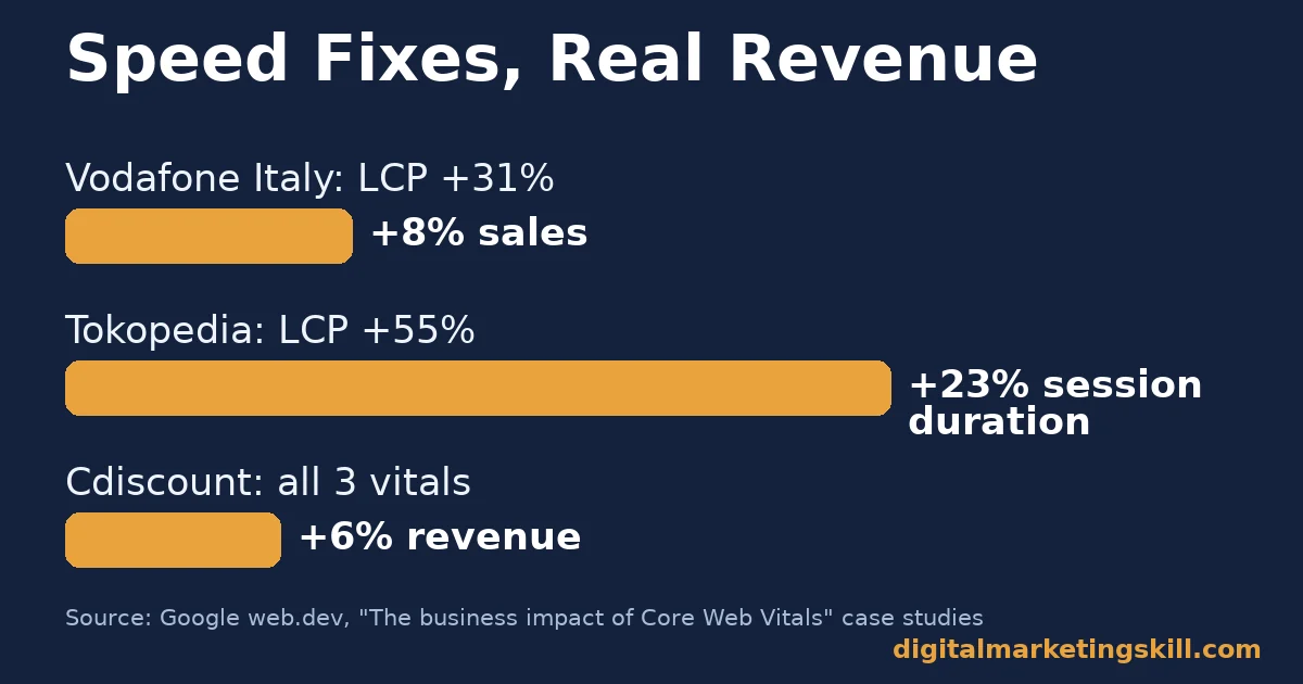 Website optimisation bar chart of Core Web Vitals case studies showing Vodafone Italy, Tokopedia and Cdiscount revenue gains
