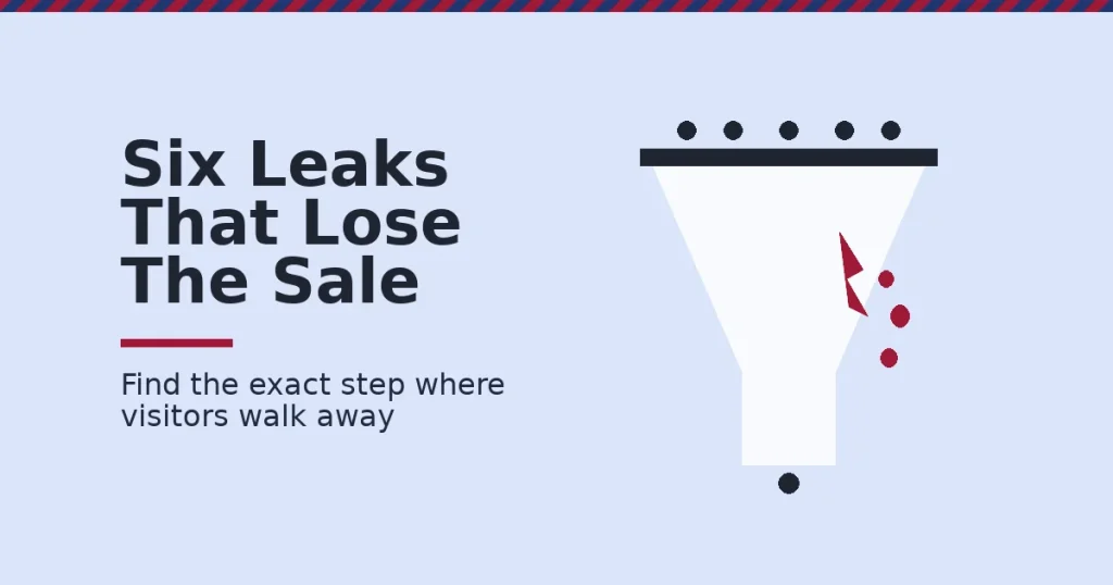 Website optimisation shown as a funnel leaking visitors through a crimson crack before they reach the bottom