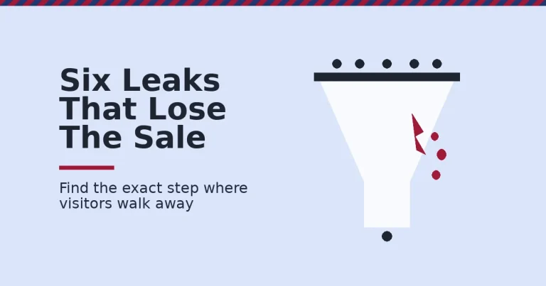 Website optimisation shown as a funnel leaking visitors through a crimson crack before they reach the bottom