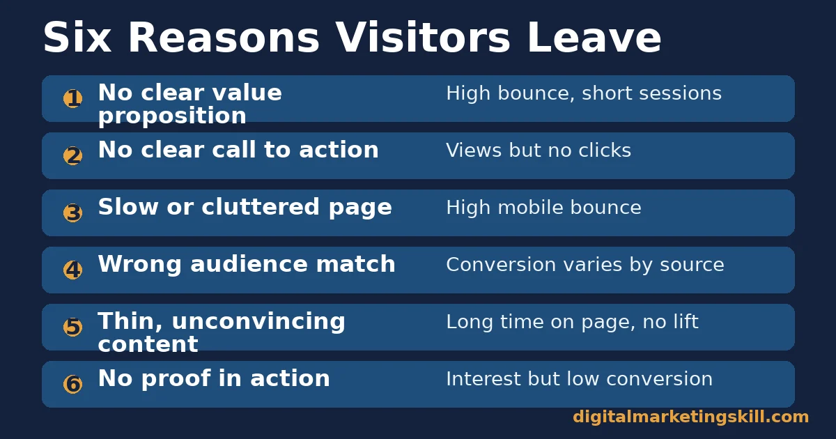 Website optimisation checklist of six reasons visitors leave, each matched to its signature in analytics