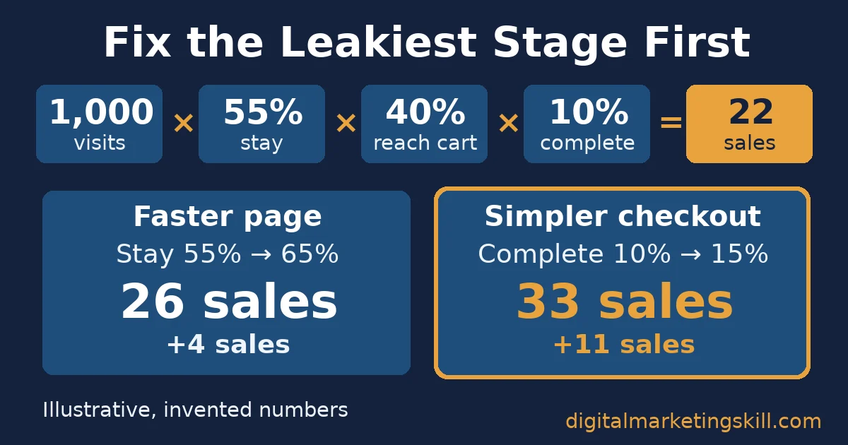 Website optimisation skills worked example: a simpler checkout adds 11 sales while a faster page adds 4 (illustrative, invented numbers)